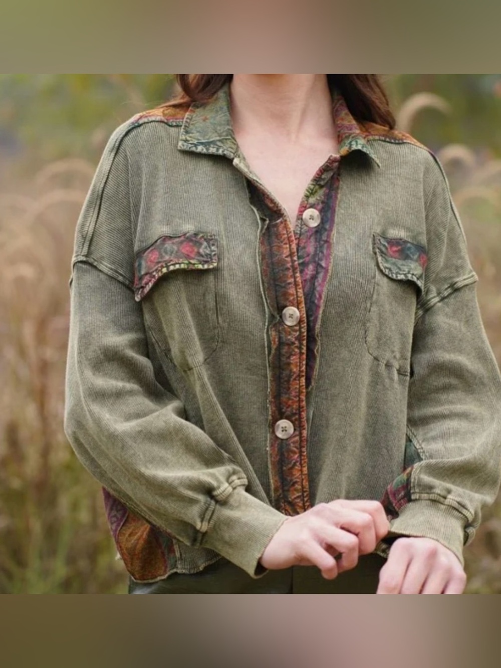 Avani Del Amour Olive Green Knit Crop Jacket Patched Tapestry Accents S -  NWT!